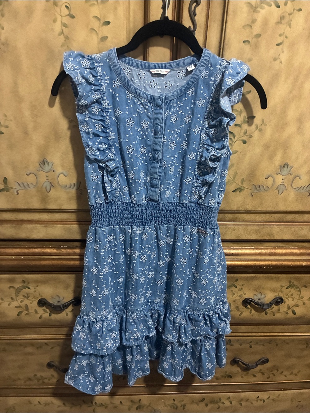 Guess Light Blue Floral Ruffle Tiered Dress